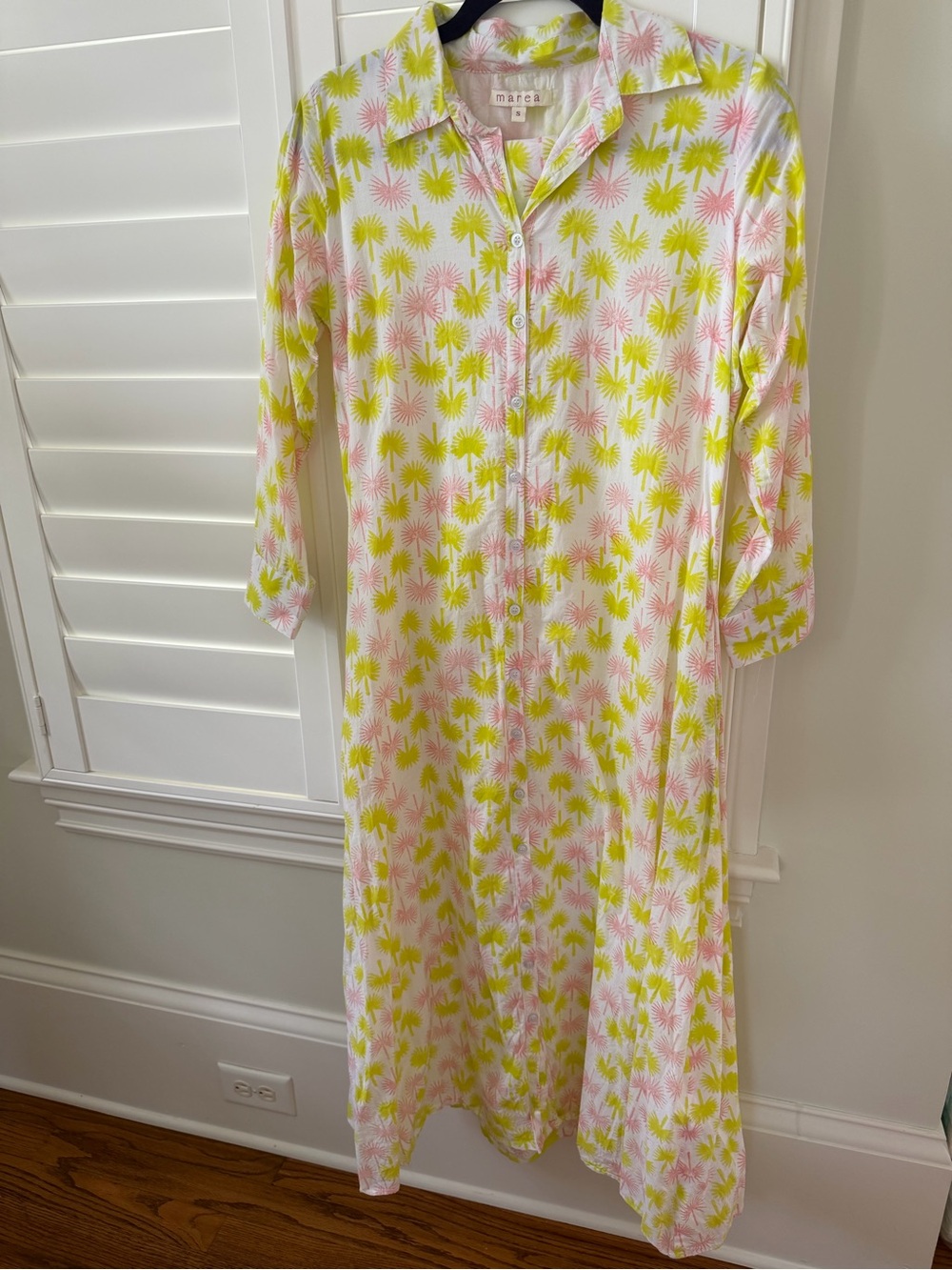 Women's Maxi Shirt Dress in White with Pink & Lime Starburst Print